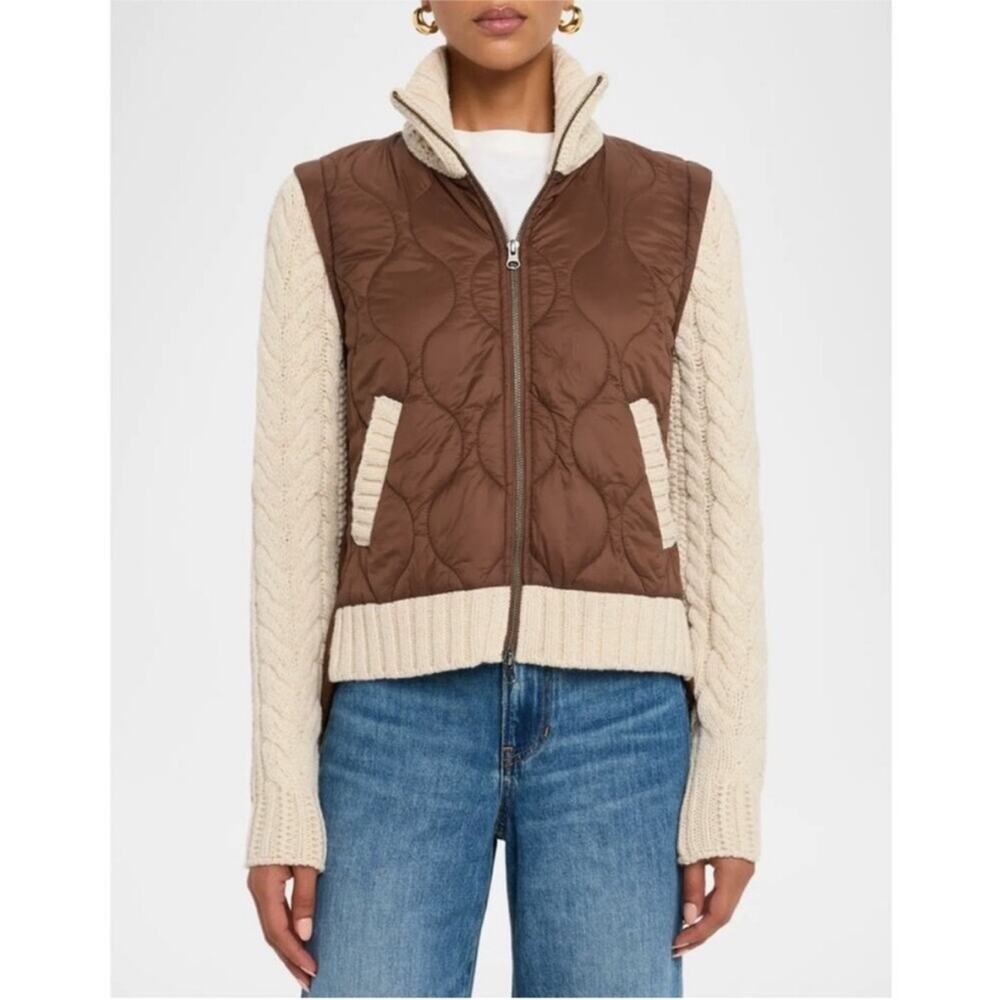 Veronica Beard Patra Knit-Sleeve Quilted Jacket in Mocha/Heathered Sand M